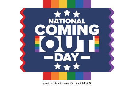 National Coming Out Day. Pride month. LGBT rainbow flag. Happy holiday. Diversity and equality. Gay and lesbian. Free love, heart shape. Illustration. Vector poster