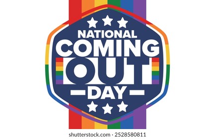 National Coming Out Day. Pride month. LGBT rainbow flag. Happy holiday. Diversity and equality. Gay and lesbian. Free love, heart shape. Illustration. Vector poster