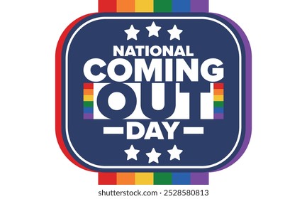 National Coming Out Day. Pride month. LGBT rainbow flag. Happy holiday. Diversity and equality. Gay and lesbian. Free love, heart shape. Illustration. Vector poster