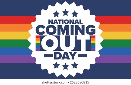 National Coming Out Day. Pride month. LGBT rainbow flag. Happy holiday. Diversity and equality. Gay and lesbian. Free love, heart shape. Illustration. Vector poster