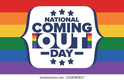 National Coming Out Day. Pride month. LGBT rainbow flag. Happy holiday. Diversity and equality. Gay and lesbian. Free love, heart shape. Illustration. Vector poster