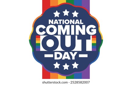 National Coming Out Day. Pride month. LGBT rainbow flag. Happy holiday. Diversity and equality. Gay and lesbian. Free love, heart shape. Illustration. Vector poster