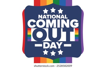 National Coming Out Day. Pride month. LGBT rainbow flag. Happy holiday. Diversity and equality. Gay and lesbian. Free love, heart shape. Illustration. Vector poster