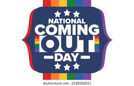 National Coming Out Day. Pride month. LGBT rainbow flag. Happy holiday. Diversity and equality. Gay and lesbian. Free love, heart shape. Illustration. Vector poster