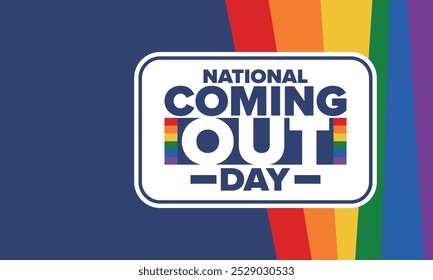 National Coming Out Day. Pride month. LGBT rainbow flag. Happy holiday. Diversity and equality. Gay and lesbian. Free love, heart shape. Illustration. Vector poster