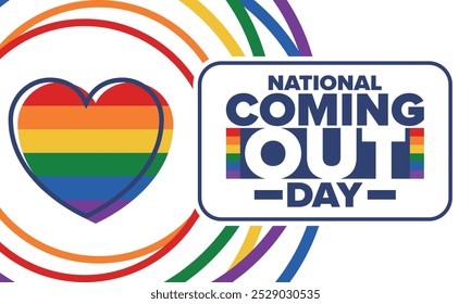 National Coming Out Day. Pride month. LGBT rainbow flag. Happy holiday. Diversity and equality. Gay and lesbian. Free love, heart shape. Illustration. Vector poster