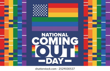 National Coming Out Day. Pride month. LGBT rainbow flag. Happy holiday. Diversity and equality. Gay and lesbian. Free love, heart shape. Illustration. Vector poster