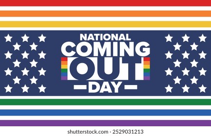 National Coming Out Day. Pride month. LGBT rainbow flag. Happy holiday. Diversity and equality. Gay and lesbian. Free love, heart shape. Illustration. Vector poster