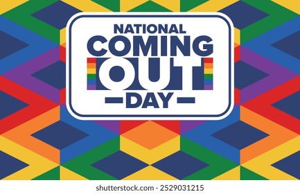 National Coming Out Day. Pride month. LGBT rainbow flag. Happy holiday. Diversity and equality. Gay and lesbian. Free love, heart shape. Illustration. Vector poster