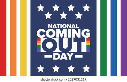 National Coming Out Day. Pride month. LGBT rainbow flag. Happy holiday. Diversity and equality. Gay and lesbian. Free love, heart shape. Illustration. Vector poster