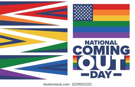 National Coming Out Day. Pride month. LGBT rainbow flag. Happy holiday. Diversity and equality. Gay and lesbian. Free love, heart shape. Illustration. Vector poster