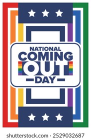 National Coming Out Day. Pride month. LGBT rainbow flag. Happy holiday. Diversity and equality. Gay and lesbian. Free love, heart shape. Illustration. Vector poster