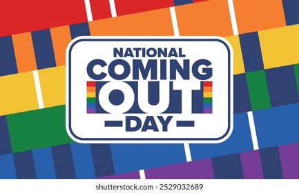 National Coming Out Day. Pride month. LGBT rainbow flag. Happy holiday. Diversity and equality. Gay and lesbian. Free love, heart shape. Illustration. Vector poster