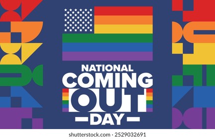 National Coming Out Day. Pride month. LGBT rainbow flag. Happy holiday. Diversity and equality. Gay and lesbian. Free love, heart shape. Illustration. Vector poster