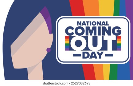 National Coming Out Day. Pride month. LGBT rainbow flag. Happy holiday. Diversity and equality. Gay and lesbian. Free love, heart shape. Illustration. Vector poster