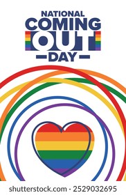 National Coming Out Day. Pride month. LGBT rainbow flag. Happy holiday. Diversity and equality. Gay and lesbian. Free love, heart shape. Illustration. Vector poster