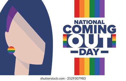 National Coming Out Day. Pride month. LGBT rainbow flag. Happy holiday. Diversity and equality. Gay and lesbian. Free love, heart shape. Illustration. Vector poster