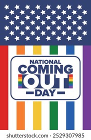 National Coming Out Day. Pride month. LGBT rainbow flag. Happy holiday. Diversity and equality. Gay and lesbian. Free love, heart shape. Illustration. Vector poster