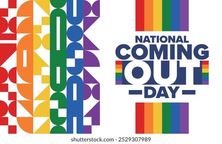 National Coming Out Day. Pride month. LGBT rainbow flag. Happy holiday. Diversity and equality. Gay and lesbian. Free love, heart shape. Illustration. Vector poster