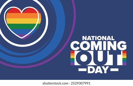 National Coming Out Day. Pride month. LGBT rainbow flag. Happy holiday. Diversity and equality. Gay and lesbian. Free love, heart shape. Illustration. Vector poster