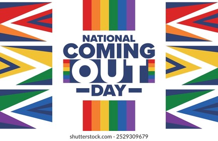 National Coming Out Day. Pride month. LGBT rainbow flag. Happy holiday. Diversity and equality. Gay and lesbian. Free love, heart shape. Illustration. Vector poster