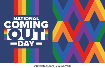 National Coming Out Day. Pride month. LGBT rainbow flag. Happy holiday. Diversity and equality. Gay and lesbian. Free love, heart shape. Illustration. Vector poster