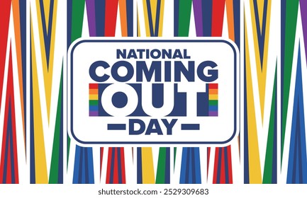 National Coming Out Day. Pride month. LGBT rainbow flag. Happy holiday. Diversity and equality. Gay and lesbian. Free love, heart shape. Illustration. Vector poster