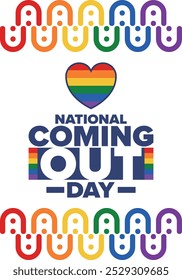 National Coming Out Day. Pride month. LGBT rainbow flag. Happy holiday. Diversity and equality. Gay and lesbian. Free love, heart shape. Illustration. Vector poster