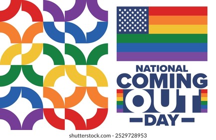 National Coming Out Day. Pride month. LGBT rainbow flag. Happy holiday. Diversity and equality. Gay and lesbian. Free love, heart shape. Illustration. Vector poster