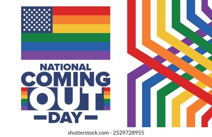 National Coming Out Day. Pride month. LGBT rainbow flag. Happy holiday. Diversity and equality. Gay and lesbian. Free love, heart shape. Illustration. Vector poster