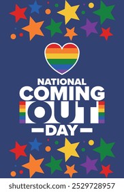 National Coming Out Day. Pride month. LGBT rainbow flag. Happy holiday. Diversity and equality. Gay and lesbian. Free love, heart shape. Illustration. Vector poster