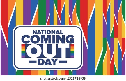 National Coming Out Day. Pride month. LGBT rainbow flag. Happy holiday. Diversity and equality. Gay and lesbian. Free love, heart shape. Illustration. Vector poster