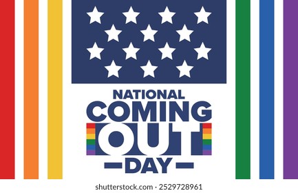 National Coming Out Day. Pride month. LGBT rainbow flag. Happy holiday. Diversity and equality. Gay and lesbian. Free love, heart shape. Illustration. Vector poster