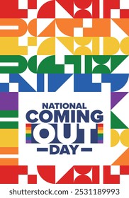 National Coming Out Day. Pride month. LGBT rainbow flag. Happy holiday. Diversity and equality. Gay and lesbian. Free love, heart shape. Illustration. Vector poster