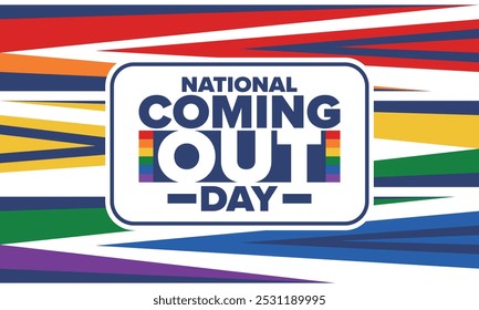 National Coming Out Day. Pride month. LGBT rainbow flag. Happy holiday. Diversity and equality. Gay and lesbian. Free love, heart shape. Illustration. Vector poster