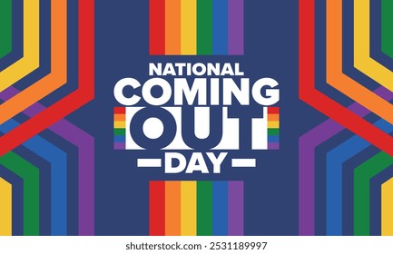 National Coming Out Day. Pride month. LGBT rainbow flag. Happy holiday. Diversity and equality. Gay and lesbian. Free love, heart shape. Illustration. Vector poster