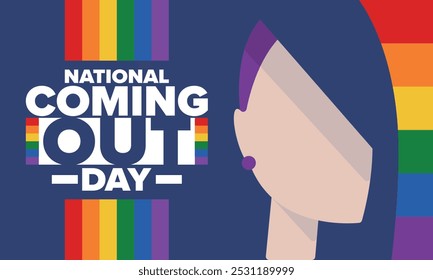 National Coming Out Day. Pride month. LGBT rainbow flag. Happy holiday. Diversity and equality. Gay and lesbian. Free love, heart shape. Illustration. Vector poster