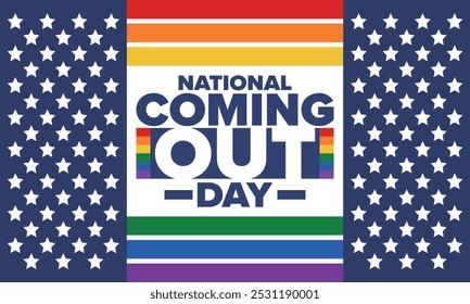 National Coming Out Day. Pride month. LGBT rainbow flag. Happy holiday. Diversity and equality. Gay and lesbian. Free love, heart shape. Illustration. Vector poster