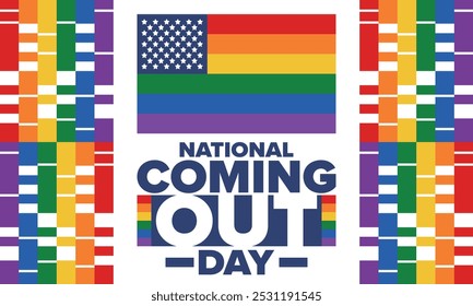 National Coming Out Day. Pride month. LGBT rainbow flag. Happy holiday. Diversity and equality. Gay and lesbian. Free love, heart shape. Illustration. Vector poster