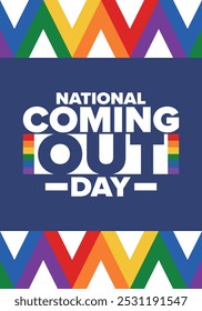 National Coming Out Day. Pride month. LGBT rainbow flag. Happy holiday. Diversity and equality. Gay and lesbian. Free love, heart shape. Illustration. Vector poster