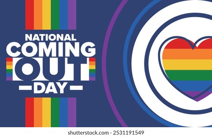 National Coming Out Day. Pride month. LGBT rainbow flag. Happy holiday. Diversity and equality. Gay and lesbian. Free love, heart shape. Illustration. Vector poster