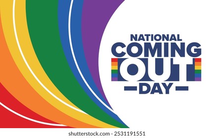 National Coming Out Day. Pride month. LGBT rainbow flag. Happy holiday. Diversity and equality. Gay and lesbian. Free love, heart shape. Illustration. Vector poster