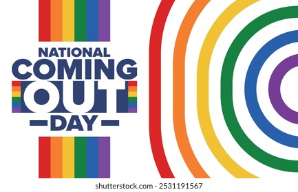 National Coming Out Day. Pride month. LGBT rainbow flag. Happy holiday. Diversity and equality. Gay and lesbian. Free love, heart shape. Illustration. Vector poster