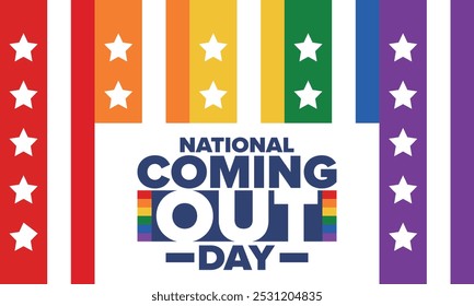 National Coming Out Day. Pride month. LGBT rainbow flag. Happy holiday. Diversity and equality. Gay and lesbian. Free love, heart shape. Illustration. Vector poster