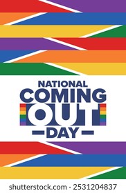 National Coming Out Day. Pride month. LGBT rainbow flag. Happy holiday. Diversity and equality. Gay and lesbian. Free love, heart shape. Illustration. Vector poster