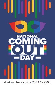 National Coming Out Day. Pride month. LGBT rainbow flag. Happy holiday. Diversity and equality. Gay and lesbian. Free love, heart shape. Illustration. Vector poster