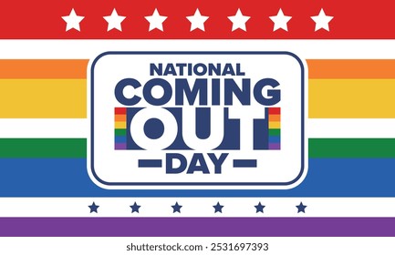 National Coming Out Day. Pride month. LGBT rainbow flag. Happy holiday. Diversity and equality. Gay and lesbian. Free love, heart shape. Illustration. Vector poster