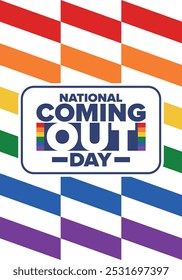 National Coming Out Day. Pride month. LGBT rainbow flag. Happy holiday. Diversity and equality. Gay and lesbian. Free love, heart shape. Illustration. Vector poster