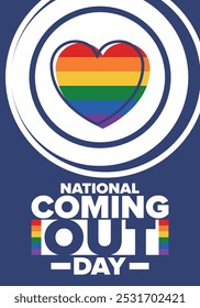 National Coming Out Day. Pride month. LGBT rainbow flag. Happy holiday. Diversity and equality. Gay and lesbian. Free love, heart shape. Illustration. Vector poster