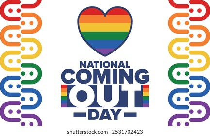 National Coming Out Day. Pride month. LGBT rainbow flag. Happy holiday. Diversity and equality. Gay and lesbian. Free love, heart shape. Illustration. Vector poster